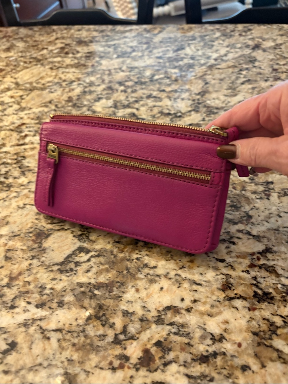 Fossil Magenta Leather Zip Card Case Wallet